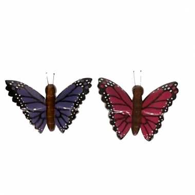 Afgeprijsde 2x magneet hout paarse en roze vlinder