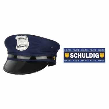 Afgeprijsde feest politie set blauwe pet en schuldig sticker voor vol