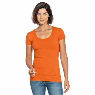 Afgeprijsde lang dames t-shirt oranje met ronde hals