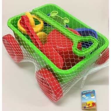 Afgeprijsde trek wagen met zandspeelgoed groen 7 delig