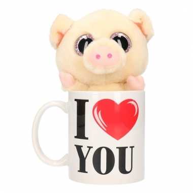 I love you cadeau mok met varkens/biggen knuffel