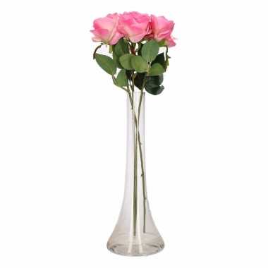 Tafeldecoratie 3 roze rozen in een vaas 45 cm