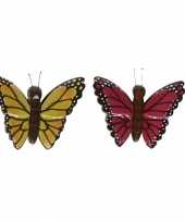 Afgeprijsde 2x magneet hout gele en roze vlinder