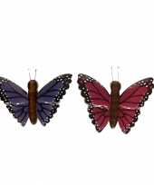 Afgeprijsde 2x magneet hout paarse en roze vlinder