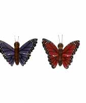 Afgeprijsde 2x magneet hout rode en paarse vlinder