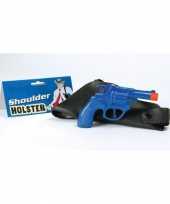 Afgeprijsde feest detective revolver pistool blauw met schouder holster 16 cm