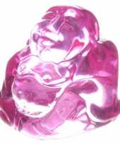 Geluksboeddha beeldje roze glas 3 cm