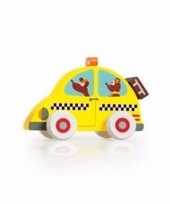 Speelgoed hout gele taxi auto 10 cm