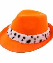 Trilby hoed oranje met hermelijn band